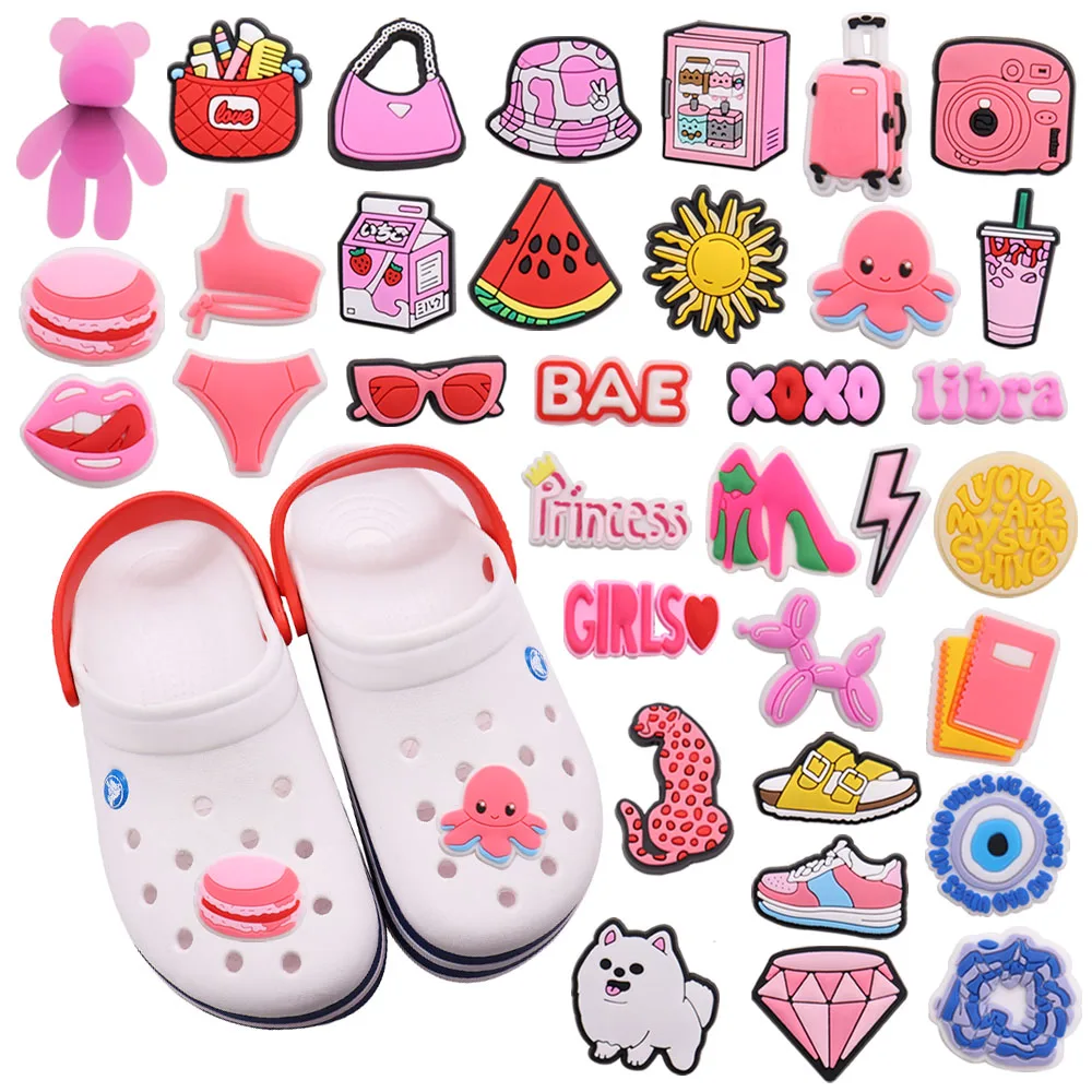 Hot Sale 1pcs PVC Shoe Charms Pink Hat Bag Camera Notebook Accessories DIY Shoe Decoration For Croc Jibz Kids X-mas Gift images - 6