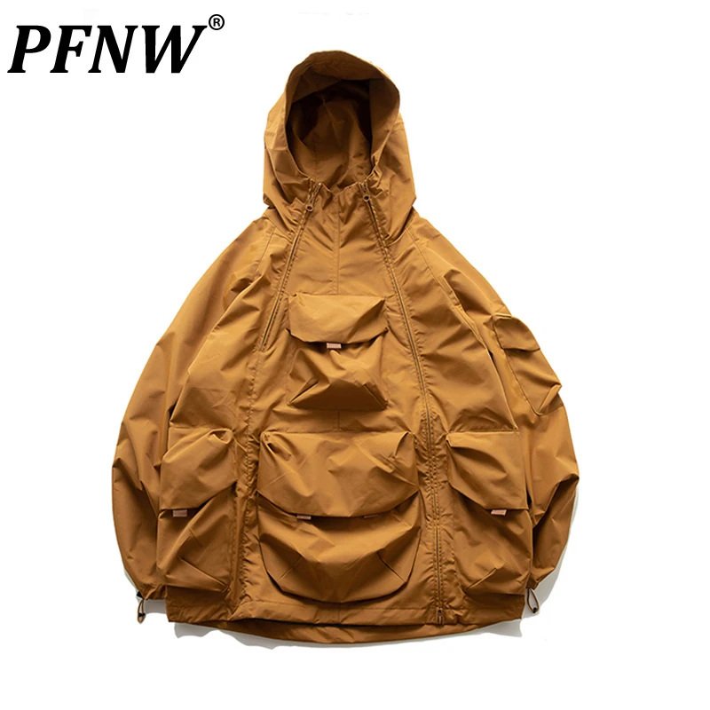 

PFNW Spring Autumn Men's Trendy Outdoor Hooded Zippers Jackets Casual Windproof Harakuju Solid Color Techwear Chic Coat 12A7672