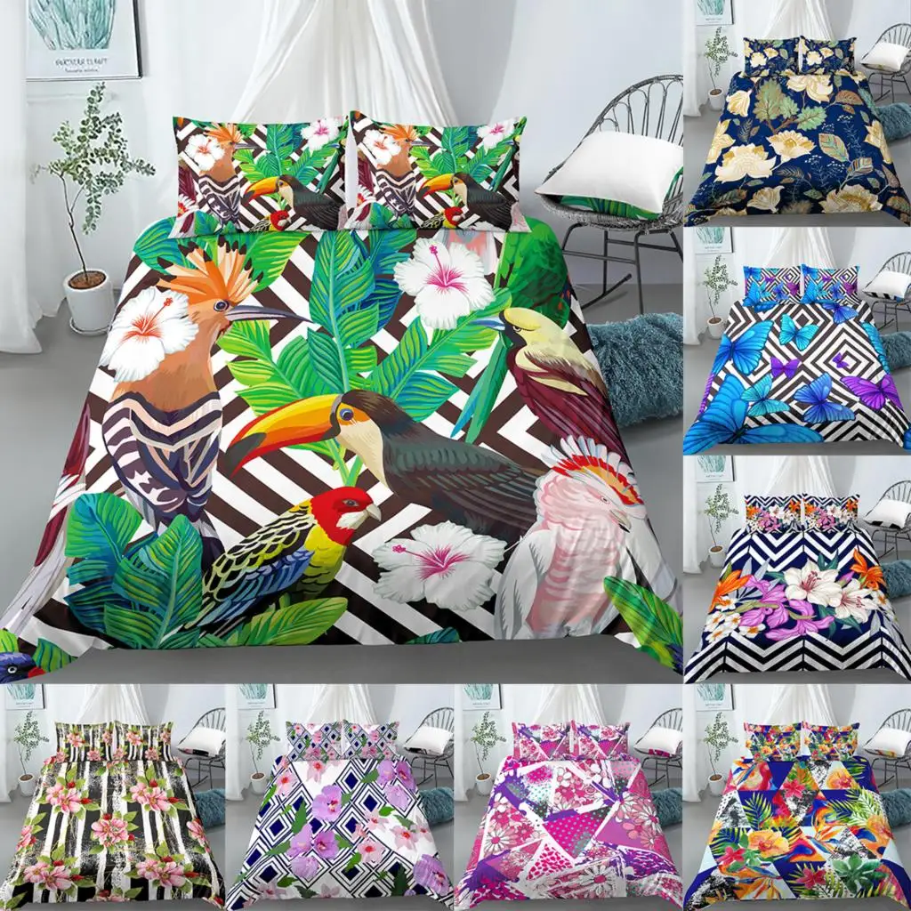 

Flowers And Birds Printed Duvet Cover Set Queen King Size Quilt Cover With Pillowcase Floral Theme Bedding Set No Bed Sheet