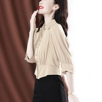 elegant lapel spliced 34 sleeve button loose oversized shirt solid color office lady all match tops fashion woman blouses 2022