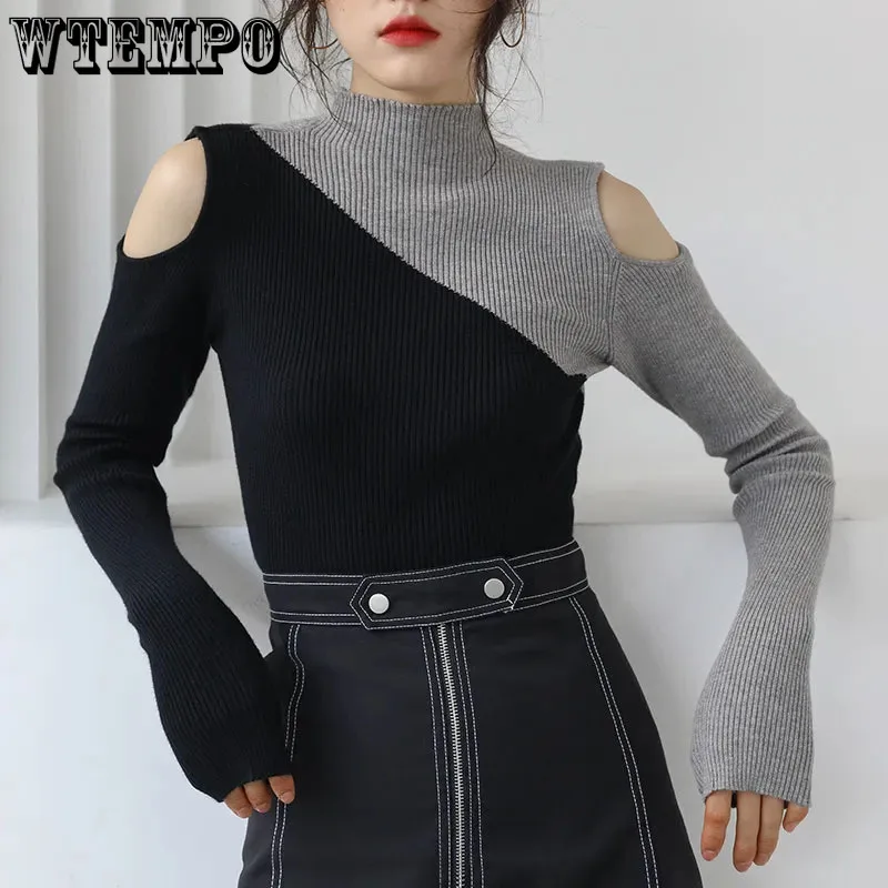

Black Panelled Off-Shoulder Sweater Half Turtleneck Slim Fit Pullovers Fashion Autumn Winter Sweater Ladies Knitwear 2022 New