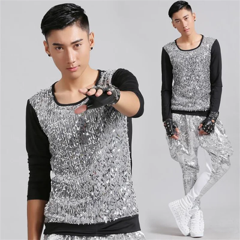 Splice fashion punk slim sexy sequins shirt men long sleeve teenage korean shirt mens personality stage singer dance