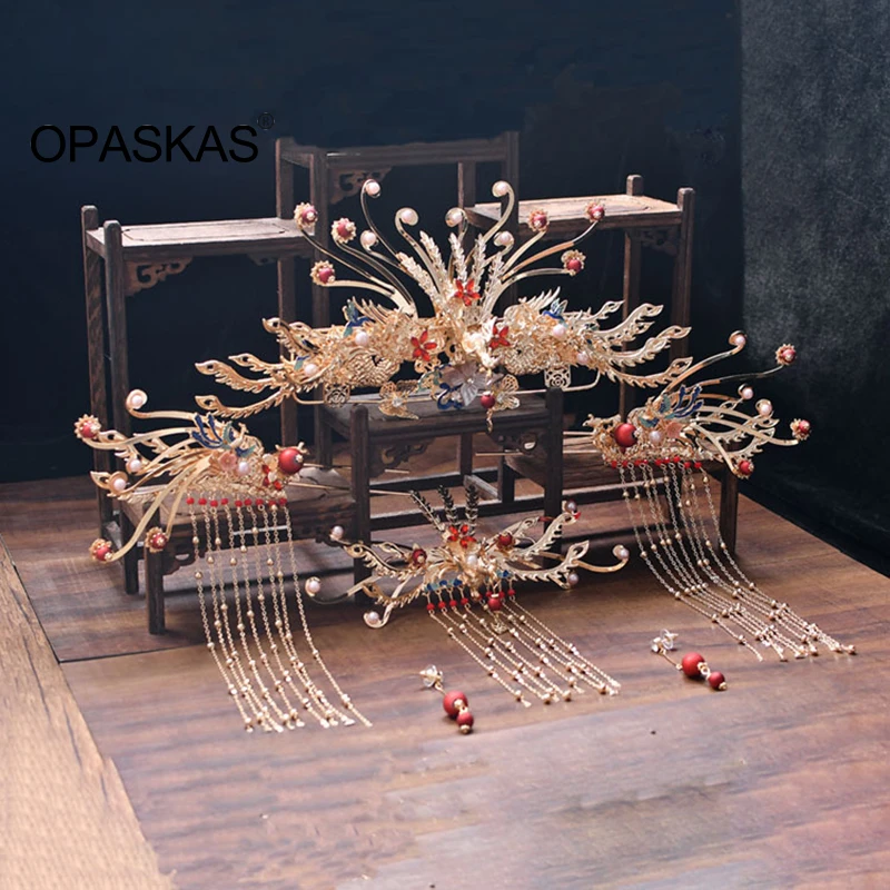 

Набор свадебных заколок и сережек для женщин, китайские классические аксессуары для волос Hanfu, винтажный традиционный свадебный набор укра...