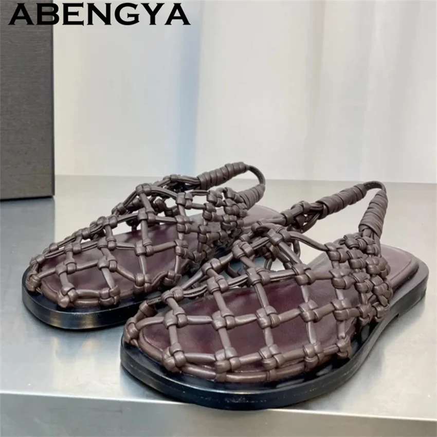 Фото ABENGYA/2020 летние новые сетчатые полые сандалии на плоской подошве, женские модные сандалии на плоской подошве с круглым носком, летние модные пляжные сандалии Mujer №1