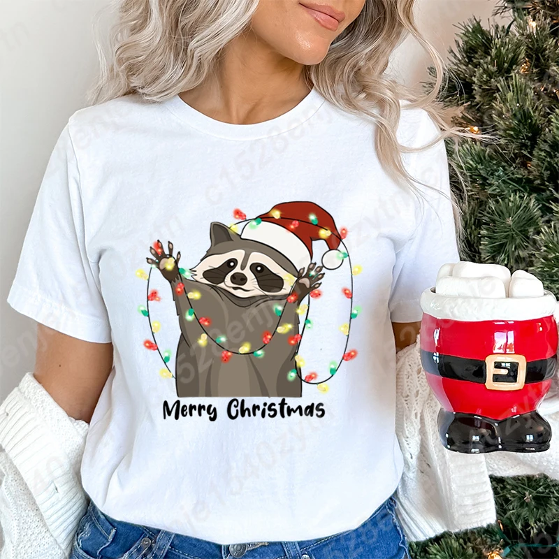 Christmas Light Racoon Merry Graphic T-Shirts Women Short Sleeve Round Neck Tee Shirts Summer Casual Ladies Loose Tops