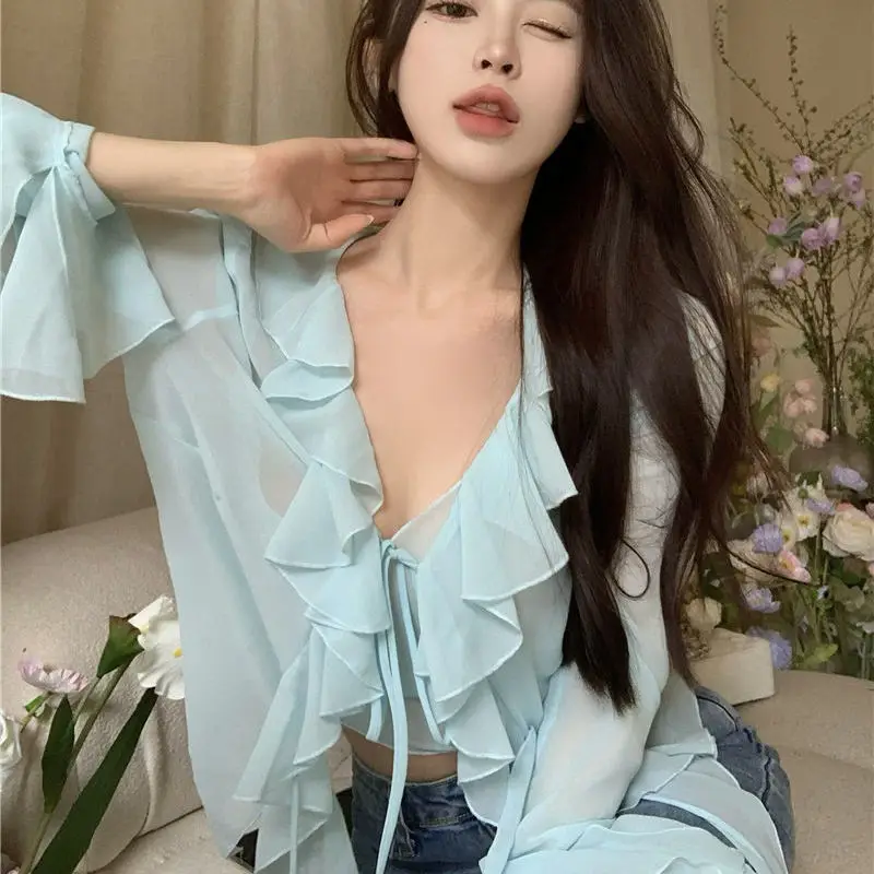 

Lady Summer Perspective Lace Up Tie V-neck Sunscreen Irregular Ruffles Shirts Long Sleeve Mesh Blouse Cardigan Slim Tops Outwear