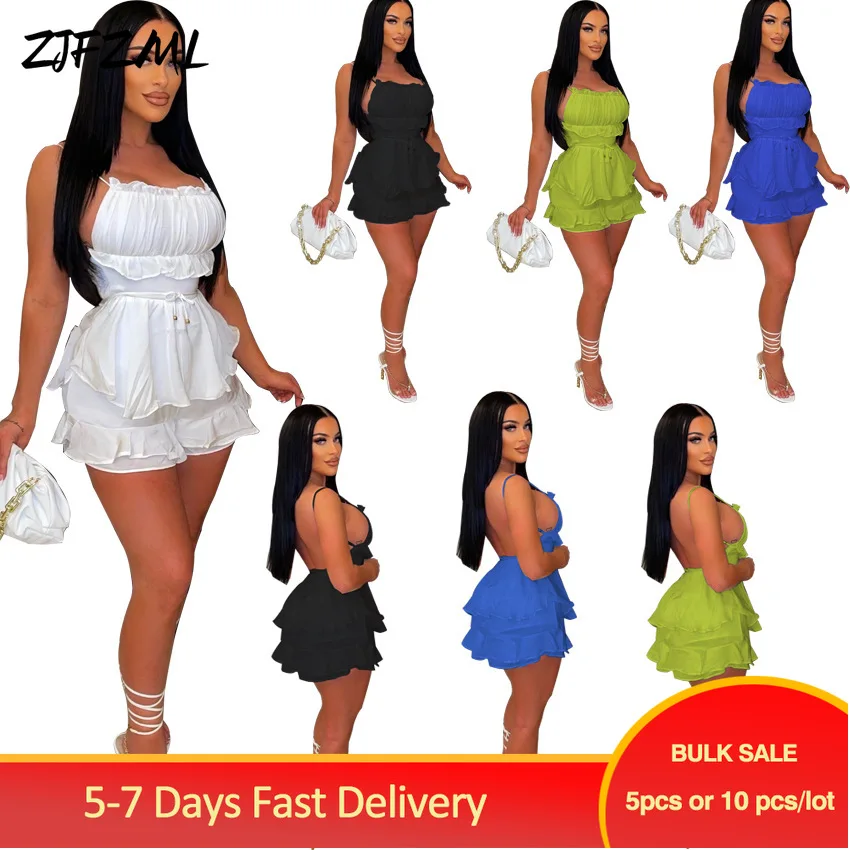 

Cascading Ruffles Beachwear One Piece Overalls Women Summer Spaghetti Strap Backless Jumpsuit Lolita Cute High Waist Playsuits