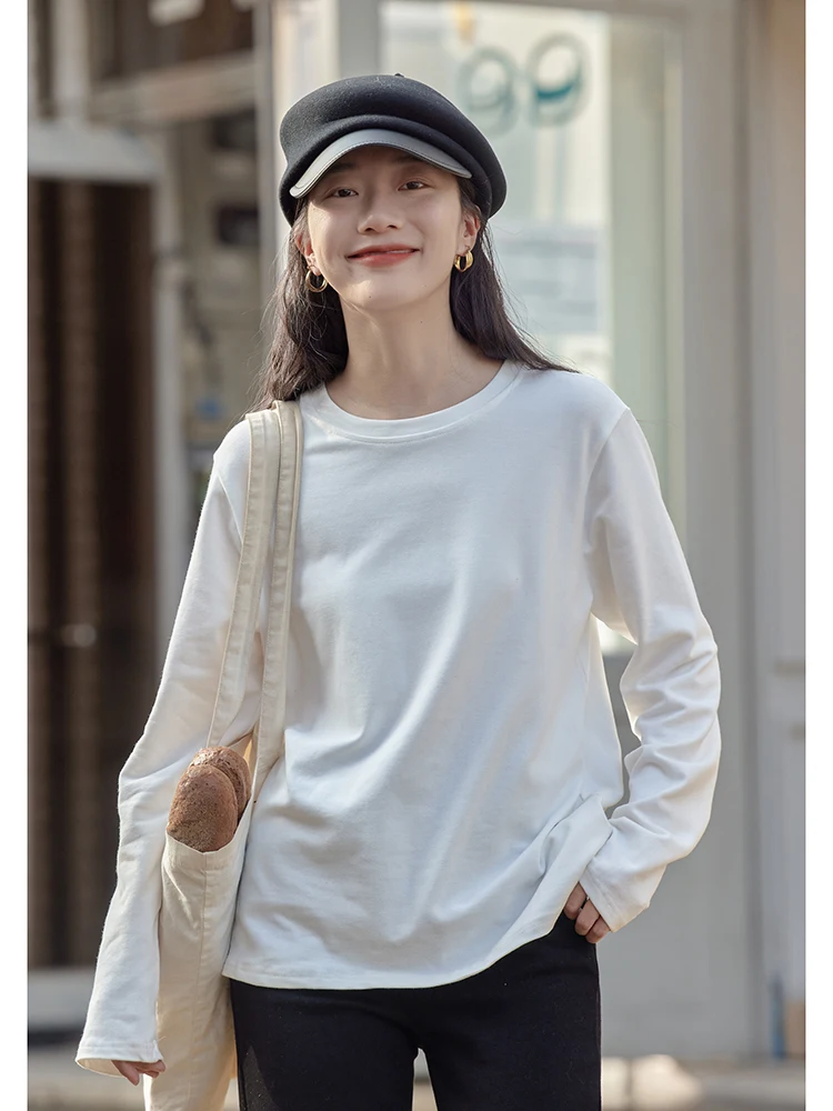 Белая хлопковая рубашка с круглым вырезом и длинными рукавами женская осенняя