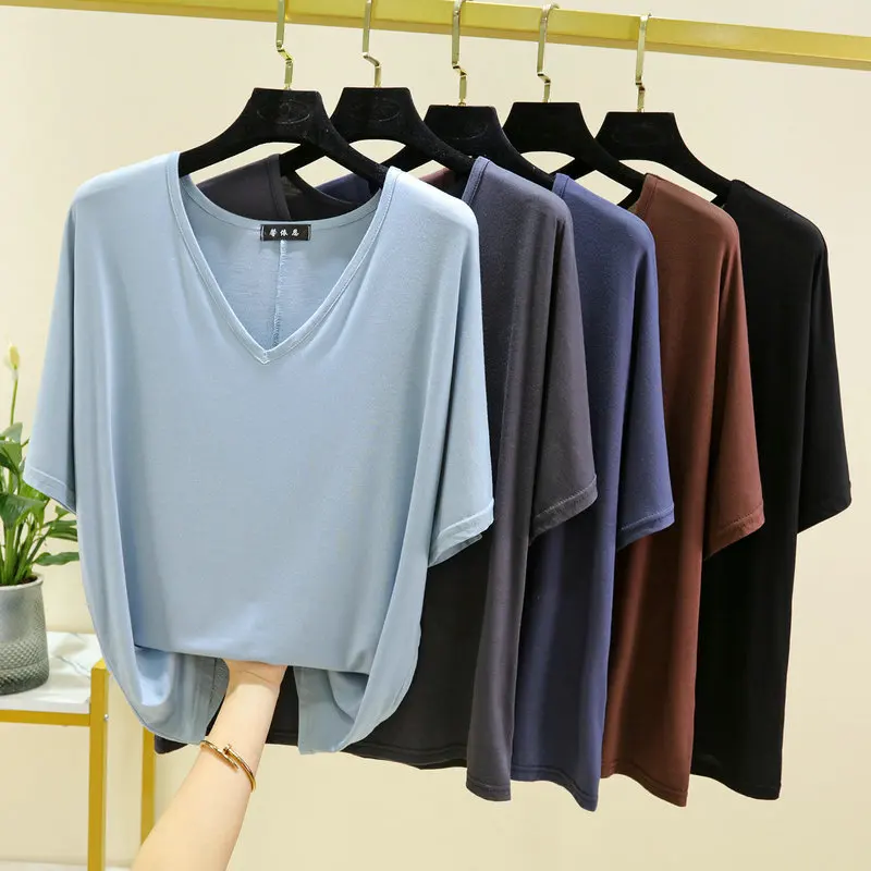 

V-Neck Loose Modal Short Sleeve T-shirt for Women's Summer Large Size Thin Underlay Simple Solid Colors T-shirts for Ladies