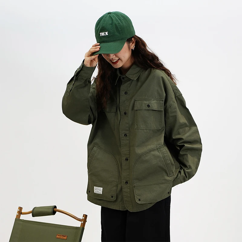 Japanese Retro Multi-pocket Tooling Shirt Men Women Spring Autumn New Lapel Loose Long Sleeve Cargo Shirt Casual Jacket Coat