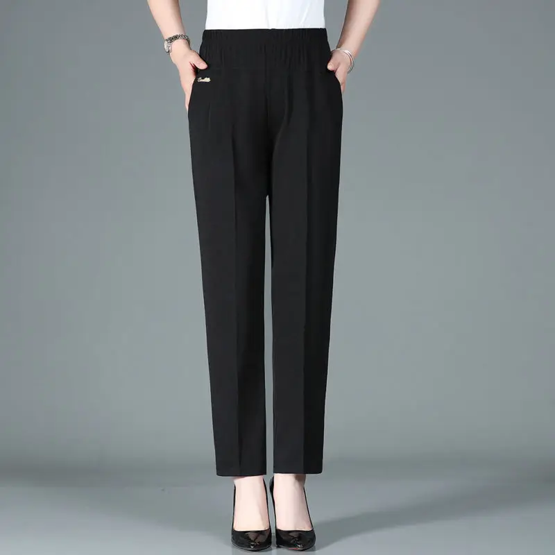

2022 Women's Summer New Thin Casual Pants Female High Waist Stretch Straight Pants Ladies Middle-aged and Elderly Trousers E139