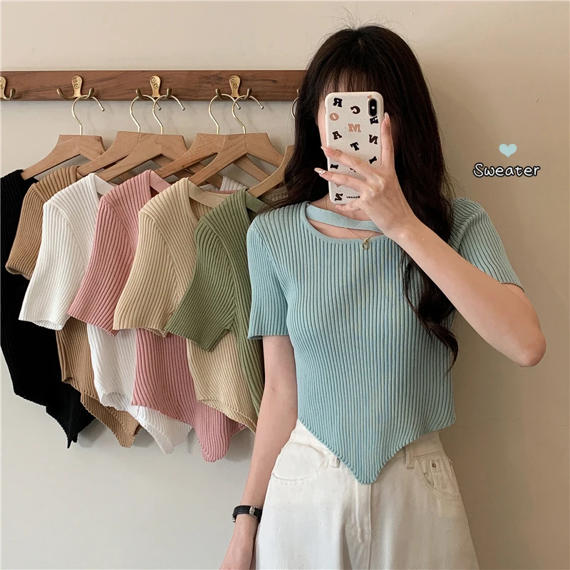 

Ice Silk Irregular Short Sleeved Lady's Heart Tshirt Sweater Women's Tops Spring and Summer Design Feeling Unique Women Clothing