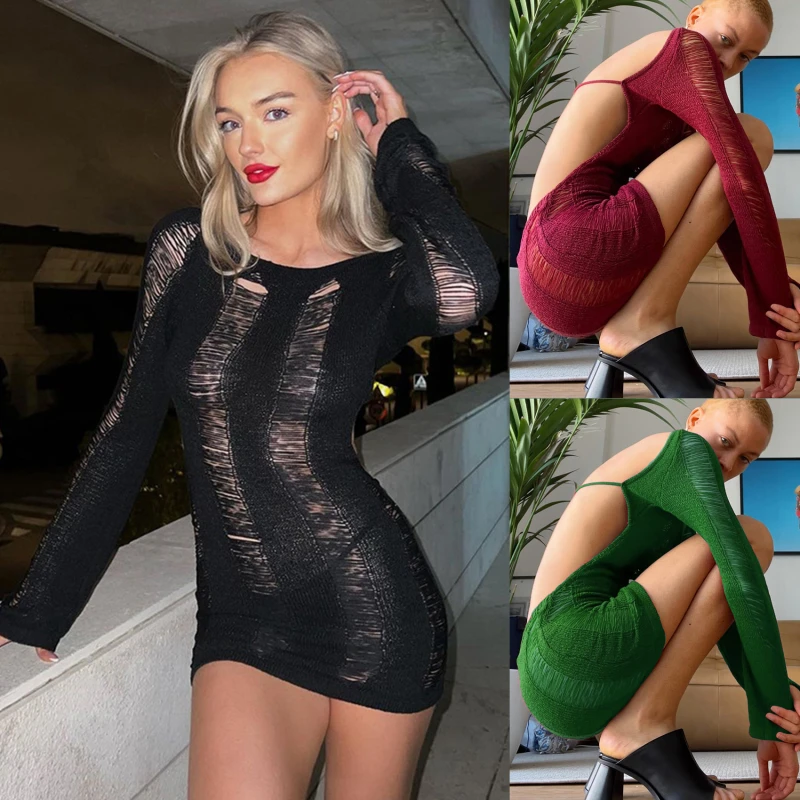 

Tassel Cut Out Long Sleeve Dress Women Mini Backless Bodycon Female Dresses 2022 Summer Sexy Party Club Ladies