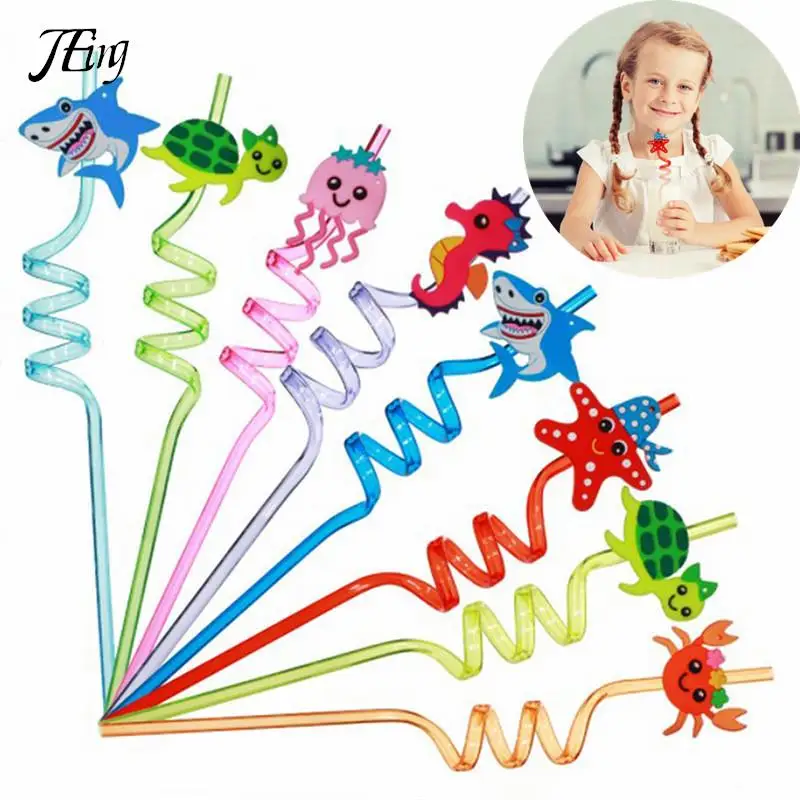 

2pcs 27cm Plastic Drinking Straw Reusable Animal Straws Shark, Turtle, Starfish, Crab For Kids Jungle Safari Birthday Party