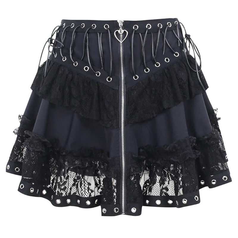

Woman A-line Pleated Lace Half Skirt Elastic High Waist Pleated Steampunk Skirt