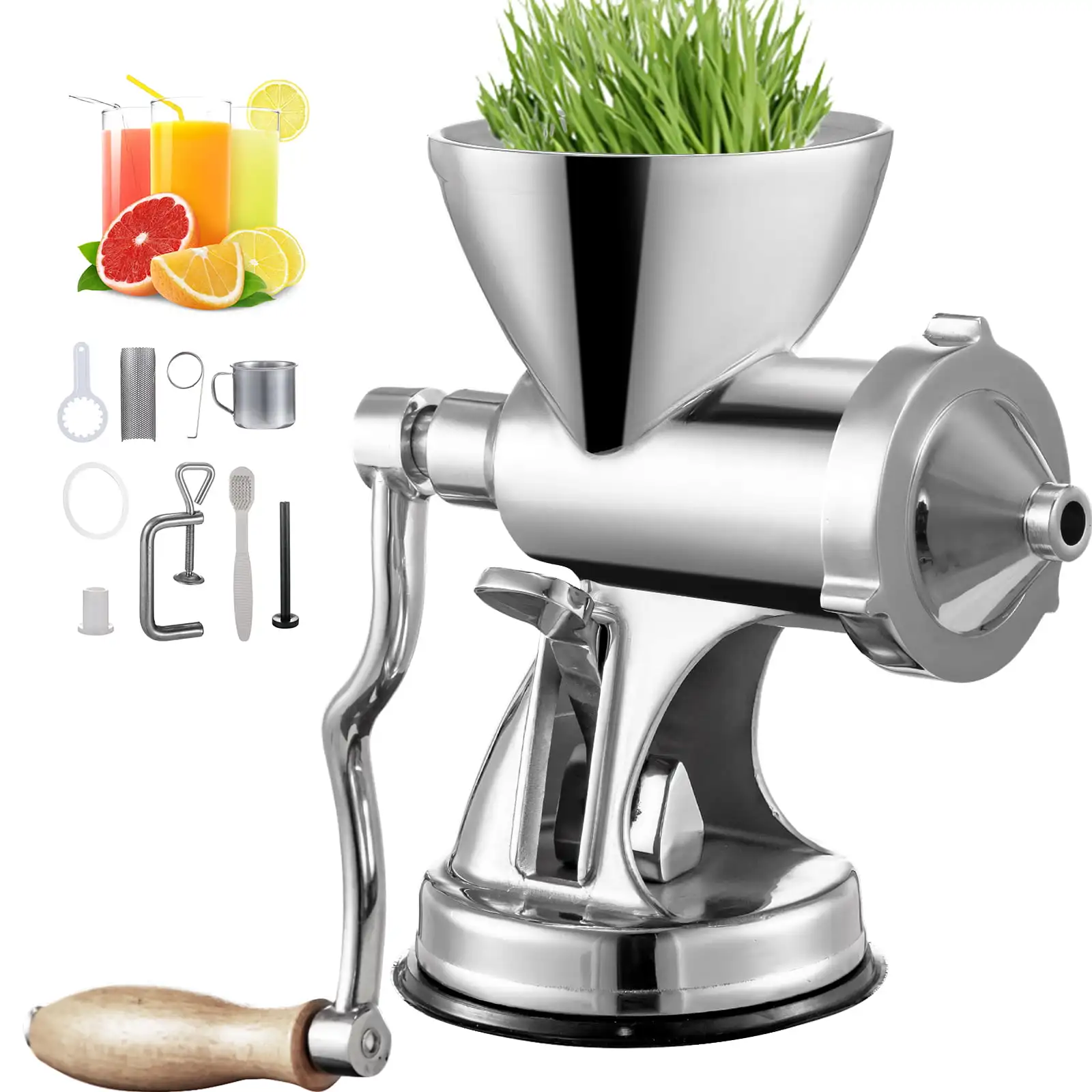 

Manual Wheatgrass Juicer with Suction Cup Base & Desktop Clamp Wheat Grass Grinder Long Screw Shaft Wheatgrass Juicer Stainless