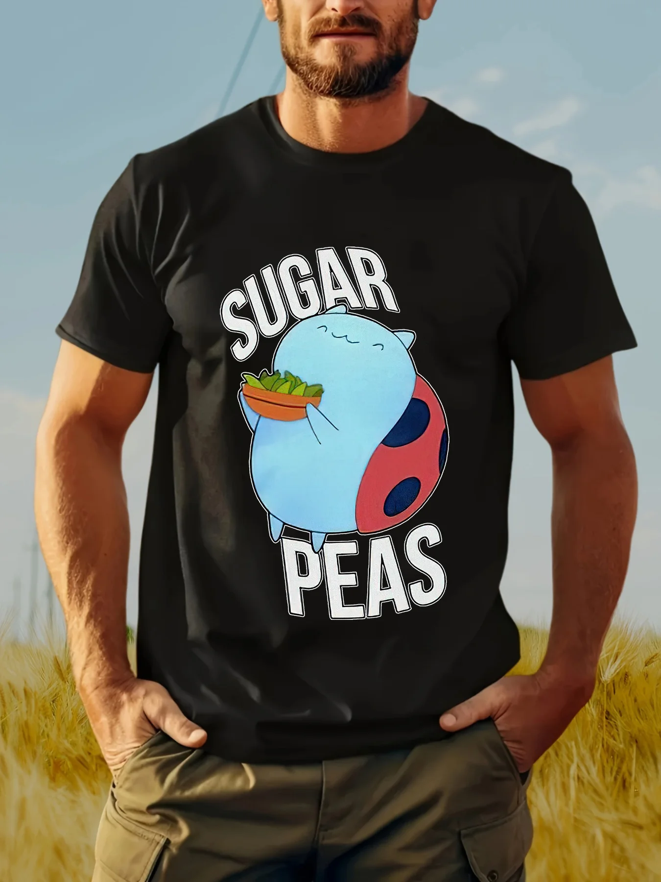 Men's Cotton Crew Neck T-Shirt with Sugar Peas Graphic - Knit Fabric Regular Fit Casual Sportswear for Spring/Summer/Fall Bre