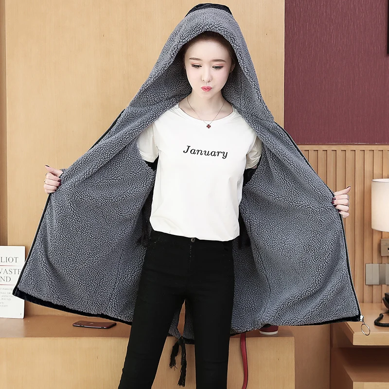 Women's 2023 Winter New Casual Embroidered Lambswool Cotton Coats with Pocket Fashion Hooded Plus Velvet Thick Denim Coat Jacket