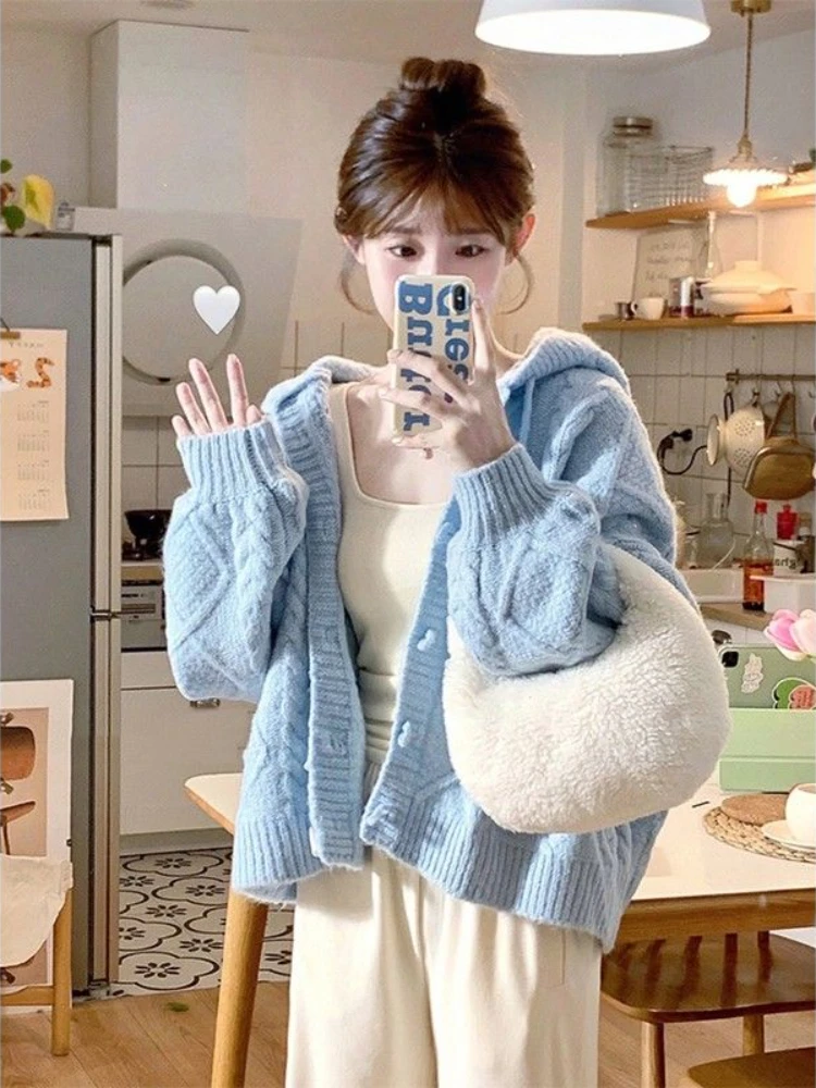 

QWEEK Korean Fashion Blue Knitted Cardigan Women Y2K Sweet Girly Hooded Sweater Harajuku Kawaii Cute Basic Jumper Preppy Style