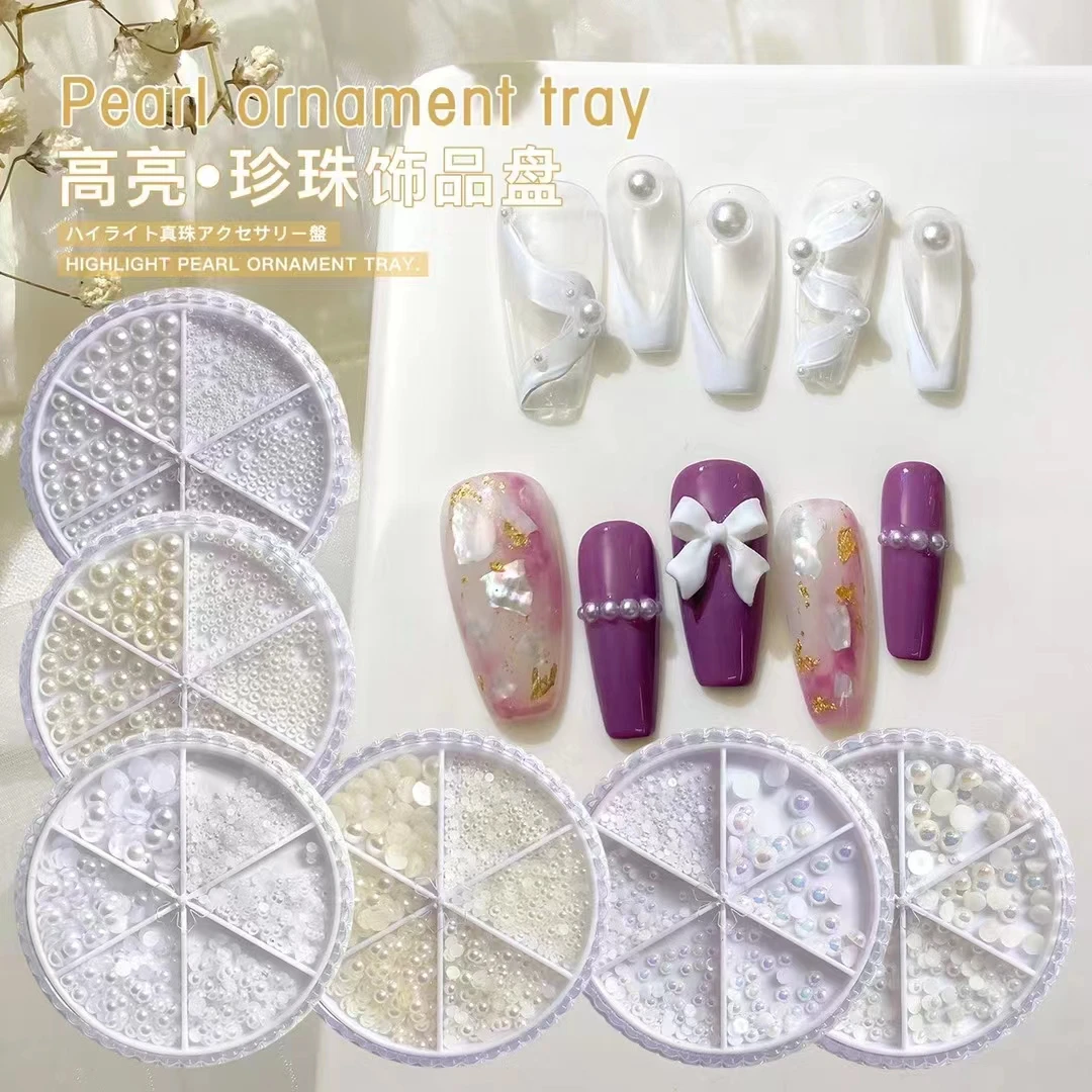 

6 Grids White Nail Art Pearl Decoration AB Color Natural Pearl Nail Art Beads Round Half Kawaii Accessories DIY Tools