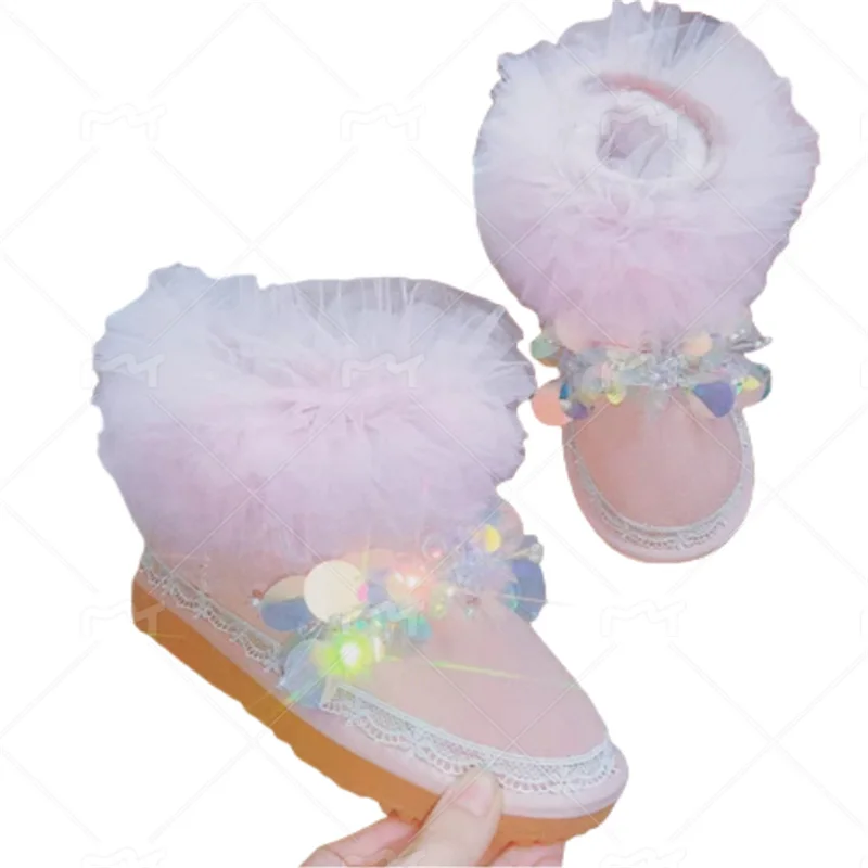 Розовые зимние сапоги с блестками и бисером сетчатые кружевные ручной работы на