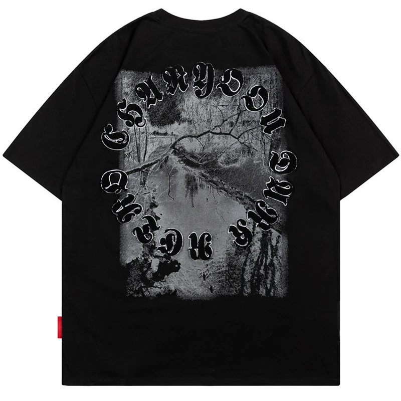 

Hip Hop T-shirt for Men Landscape Graffiti Print T Shirt Harajuku Cotton Casual Summer Short Sleeve T-shirts Black Clothes Tops