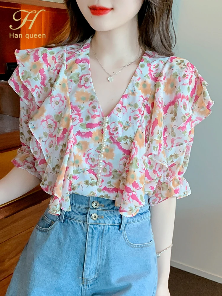 

Блузка женская шифоновая с V-образным вырезом и коротким рукавом