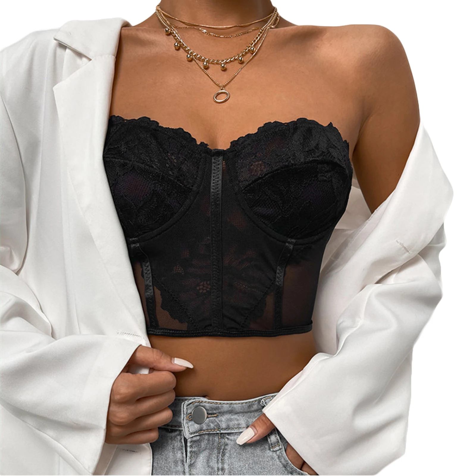 Женский Короткий кружевной топ-бандо без бретелек с цветочным кружевом летний