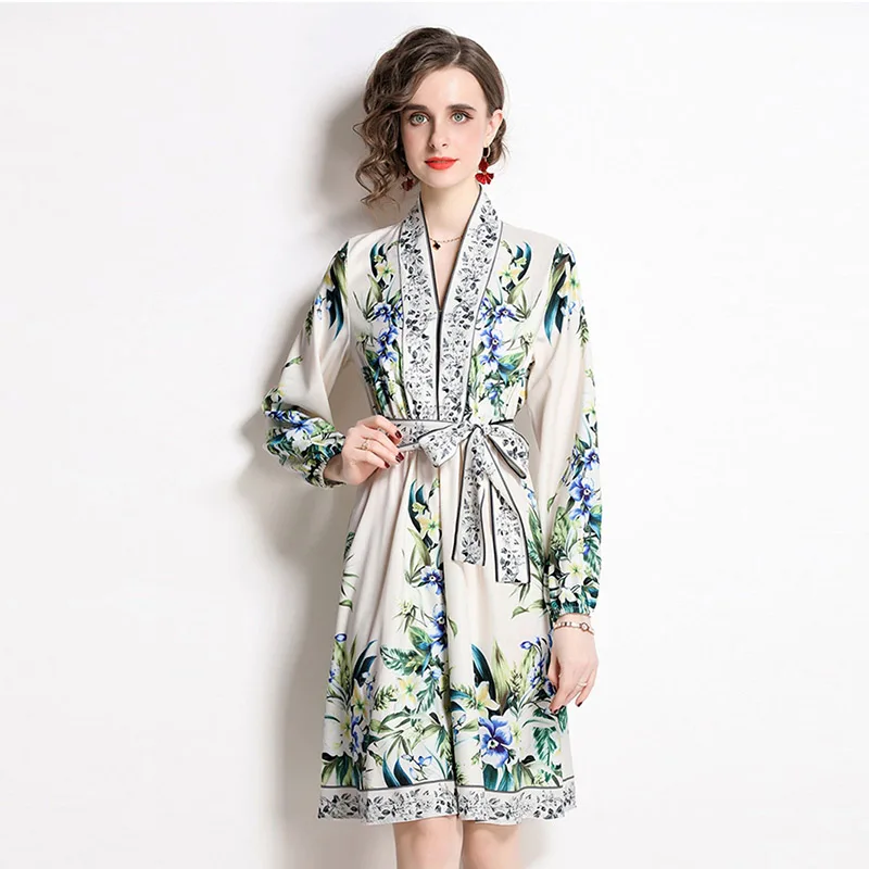 

Vintage Print waist slim V-Neck long sleeve dress 2022 summer new