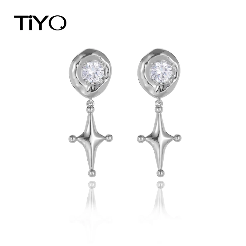 

TIYO Trendy Jewelry 5A Zircon Earrings Cool Original Design High Quality Brass Metal Thick Silver Plated Star Drop Earrings