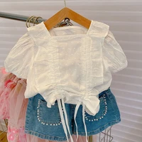 2022 fashion summer clothing sets puff sleeve white shirt and pearls jean shorts 2pc outfits sets for baby girl clothes 3 8 y