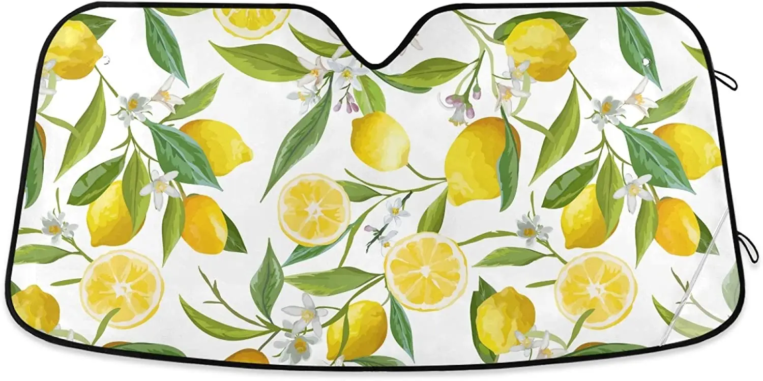 

Watercolor Lemon Fruits Flowers Floral Leaves Car Windshield Sunshade Foldable Reflective Sun Shade Blocks UV Rays