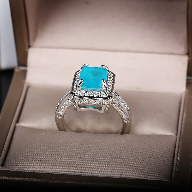 

RAKOL 6 Carat Synthetic Paraiba Blue Tourmaline Rectangle Adjustable Rings For Women Girls Luxury Bridal Dress Accessories