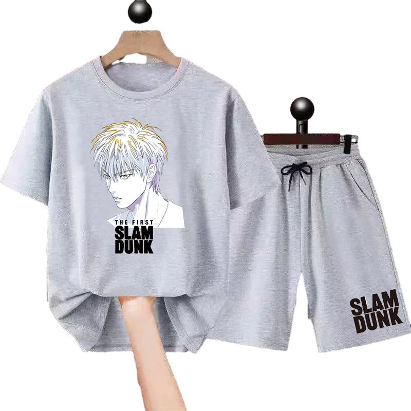 Mens Sets Summer Casual Suit with Slam Dunk Print Japanese Anime T-shirt and Shorts Short Sleeve Design for Outdoor Activities