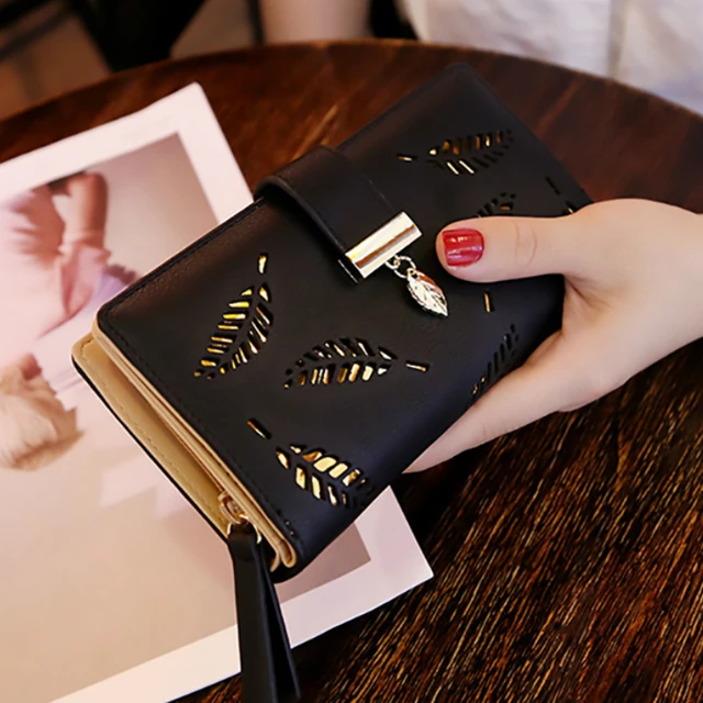 Women Wallet PU Leather Purse Female Long Wallet Gold Hollow Leaves Pouch Handbag For Women 1