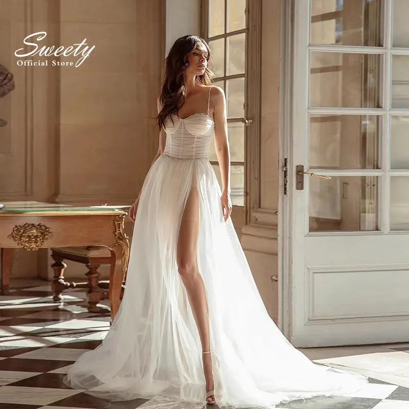 

Simple Wedding Dress Chiffon A-line Floor Length V-neck Bride Dress Appliques Sleeveless Slit A Line Button Robes De Mariée