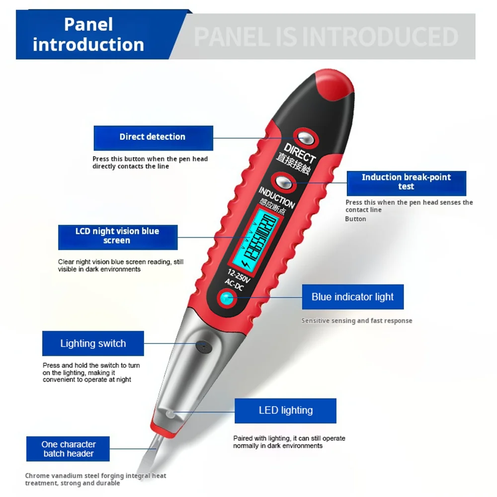 VD700 Digital Electric Test Pen AC/DC 12-250V Multifunction Voltage Detector Pencil Portable LCD Display Mini Electrician Tester