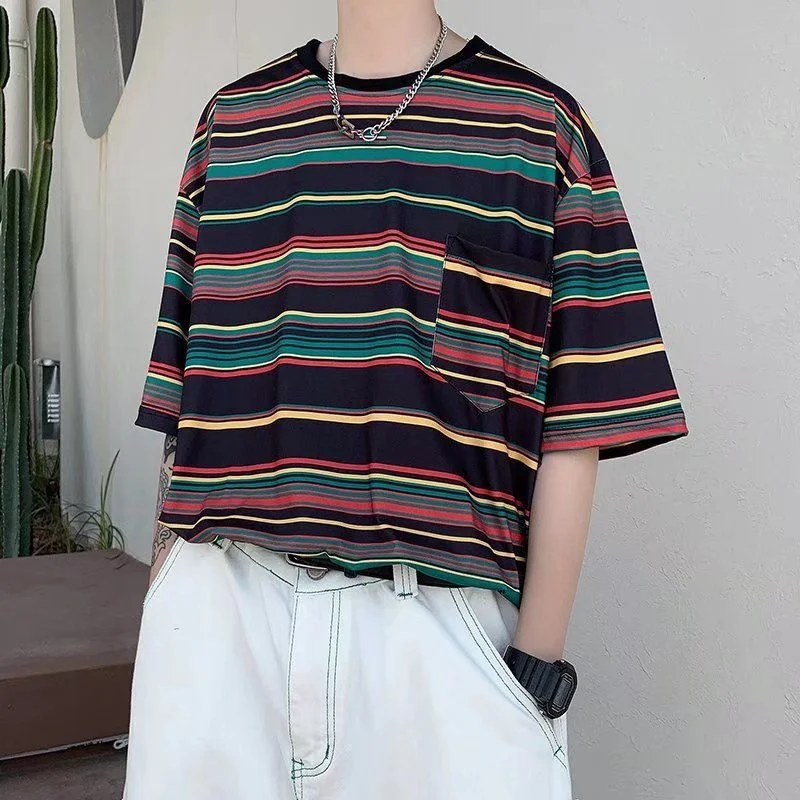 

Summer Black/White Striped T-Shirt Men Fashion Pocket Casual Oversized T-Shirt Men Korean Loose Short Sleeve T Shirt Mens Top