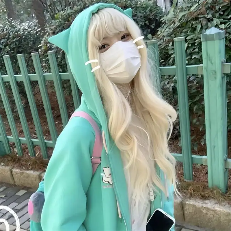 

Женские толстовки на молнии в стиле Харадзюку, милые худи в японском стиле с кошачьими ушками, в стиле аниме, свитшоты оверсайз в стиле "Лолита" для девушек