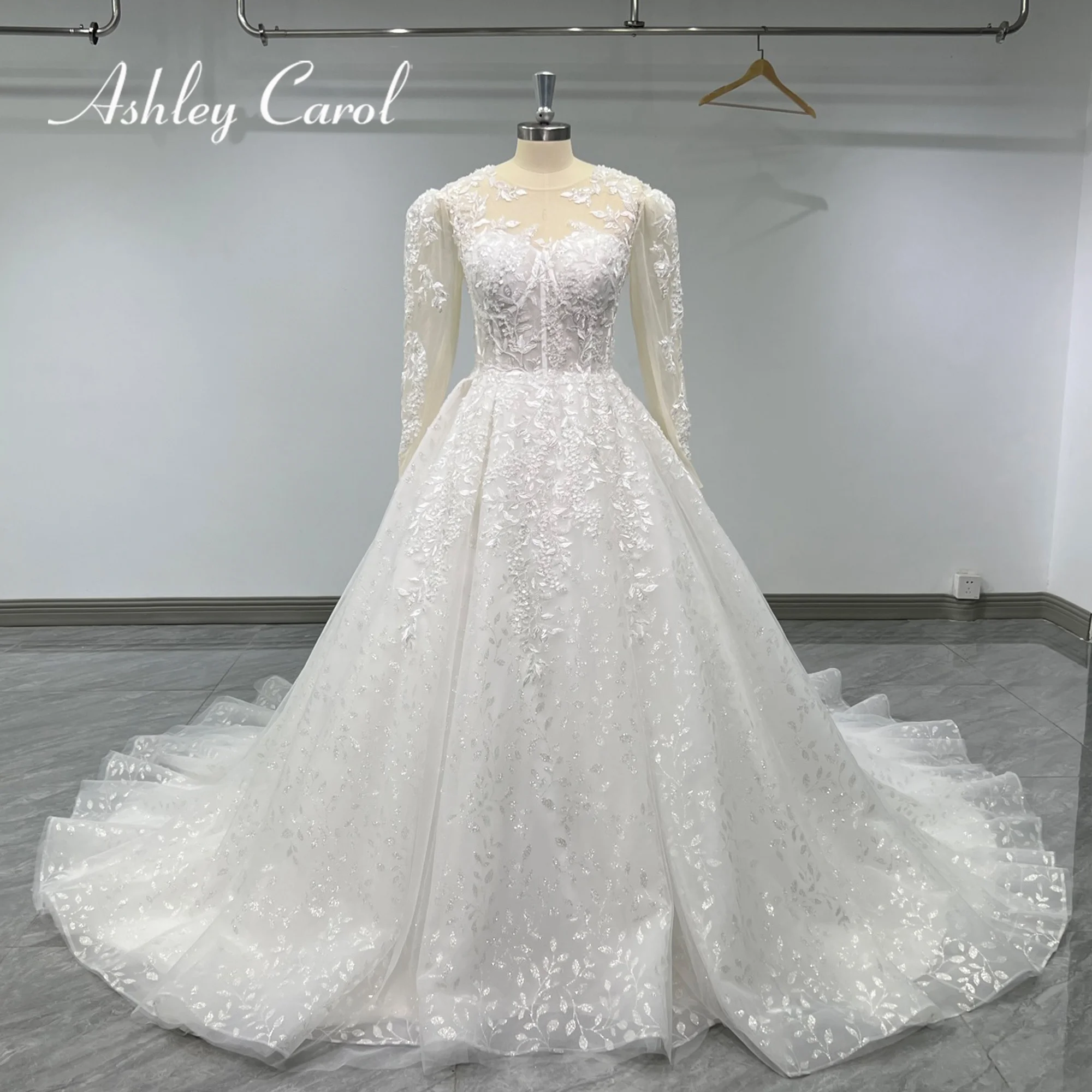

Ashley Carol A-Line Wedding Dress 2023 Puff Sleeve Illusion SCOOP Appliques Sequined Real photos Wedding Gown Vestidos De Novia