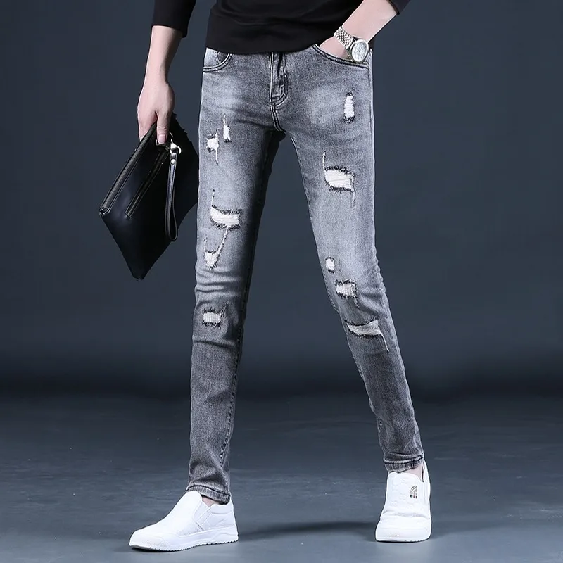 Summer Men Gray Ripped Jeans Streetwear Casual Slim Fit Pencil Pants Korean Style Patches Denim Trousers