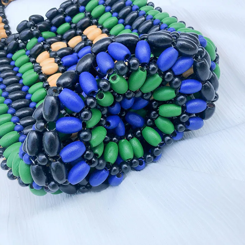 Hand Woven Wooden Bead Bucket Bag for Women Summer New Color Contrast Hollow Out Shoulder Bag Bohemian Travel Small Tote Bag