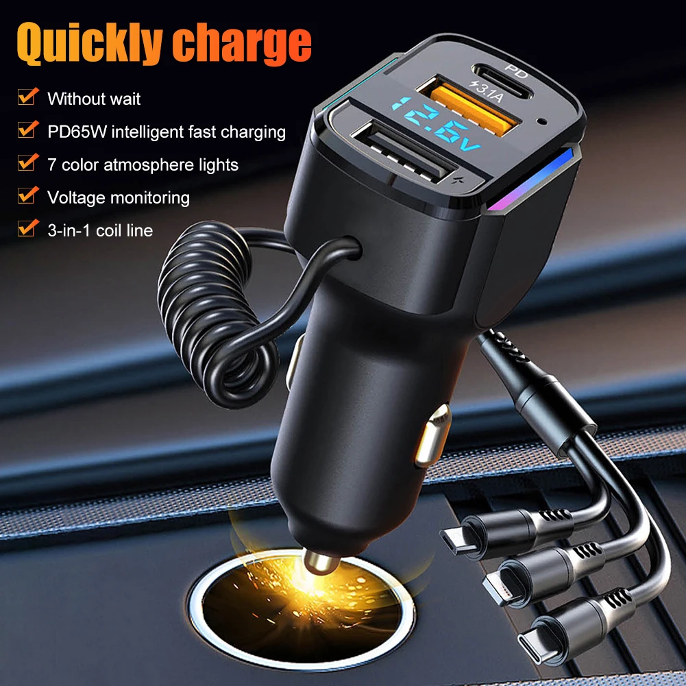 Купи Car Charger Dual USB Fast Charging 65W 5V/3.1A Lighter Charging Adapter with Light for iPhone 12/13/14 Samsung Xiaomi Huawei за 405 рублей в магазине AliExpress