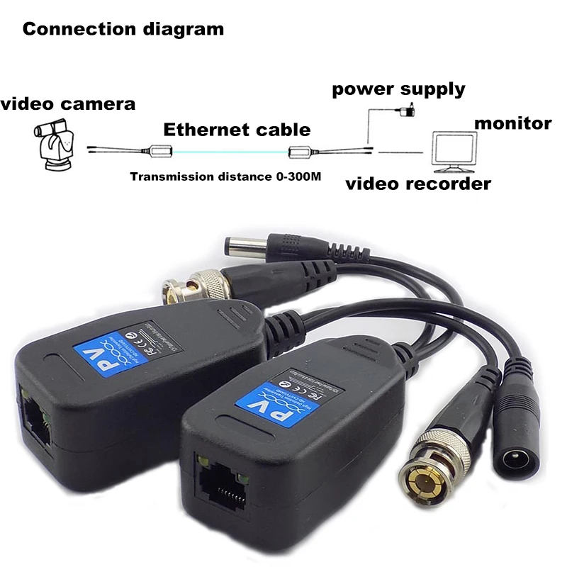 1/2/5 пар пассивных коаксиальных разъемов BNC Power Video Balun для приемопередатчика RJ45 DC