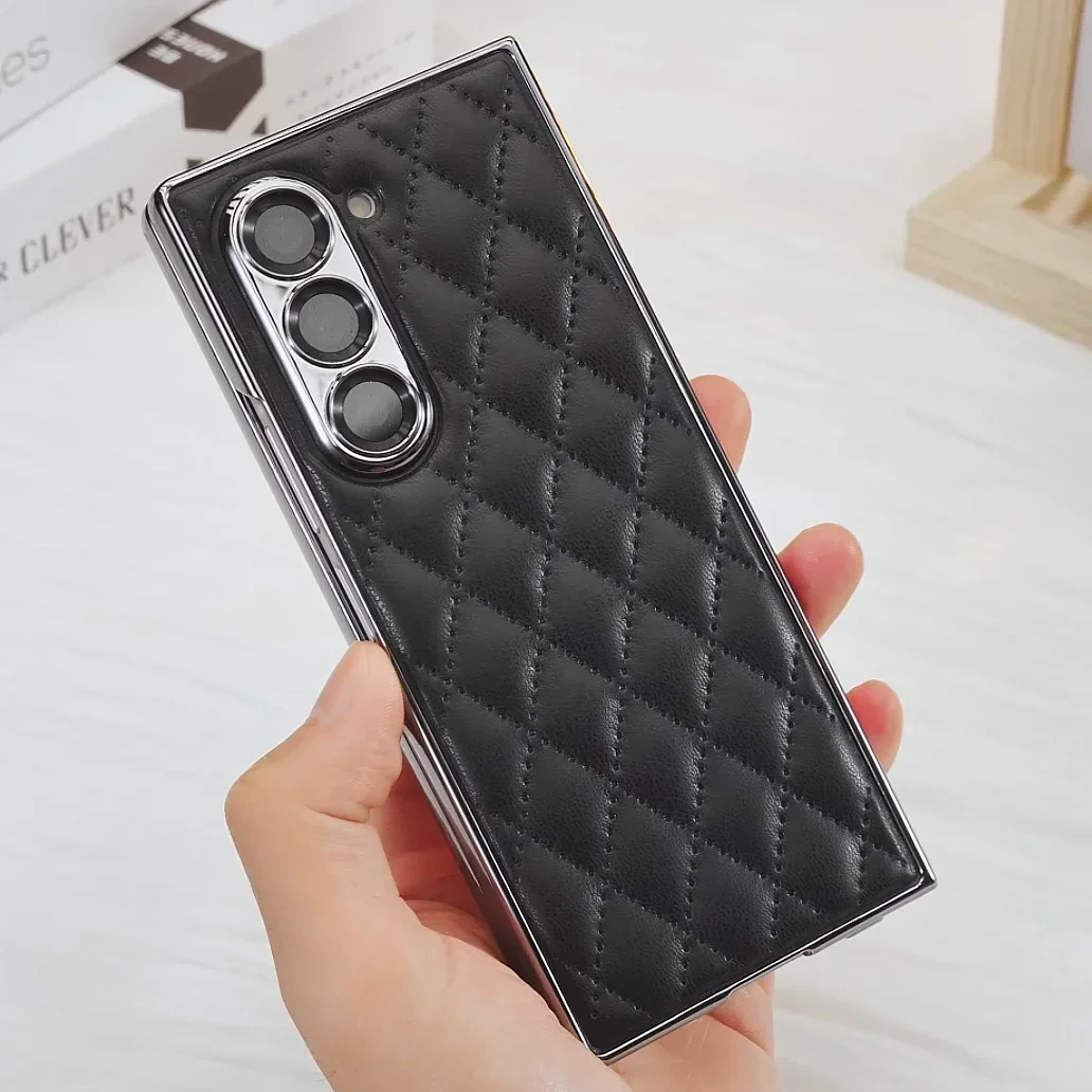 Фото Для Samsung Galaxy Z Fold 6, чехол из ромбовидной кожи с роскошным покрытием, стеклянный защитный чехол для камеры, чехол для Galaxy Z Fold6 5 №4