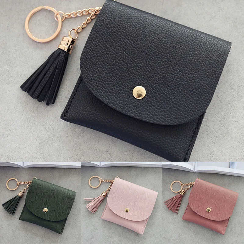 Wallets Women Coin Purse Ladies Pu Leather Simple Tassel & Metal Ring Clutch Keychain Thin Key Bag Card Holders Mini Pouch