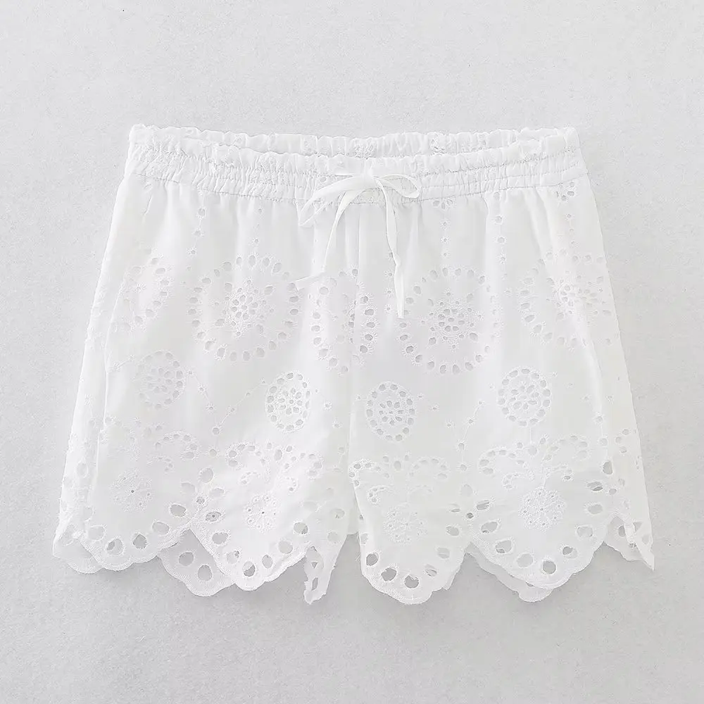 Elmsk Summer Shorts Ladies Moroccan Bohemian Retro Embroidery Hollow Casual White Bermuda Cotton Shorts Women