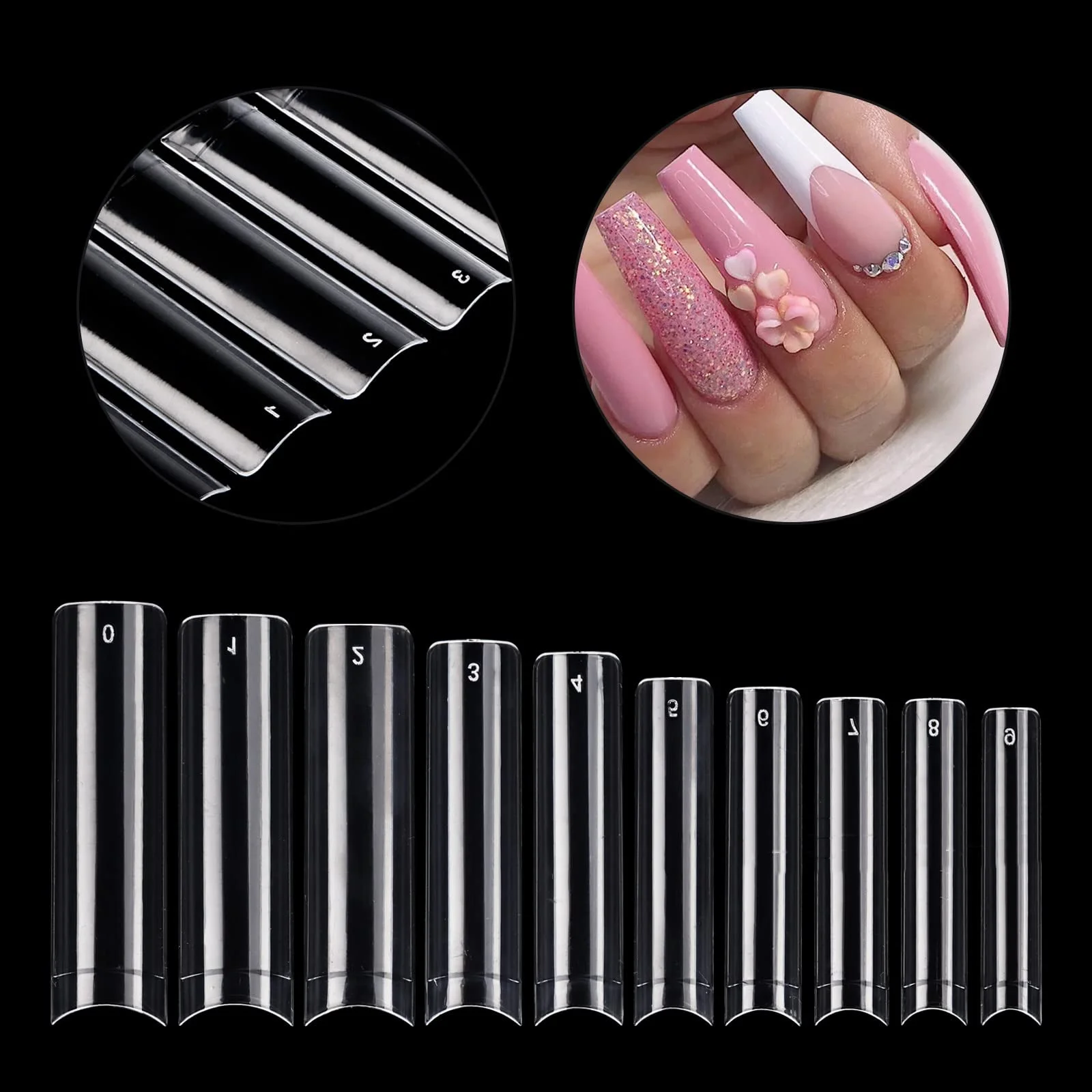 

500Pc 3XL No C Curve Nail Tip Clear/Natural Half Cover No Trace Straight Square French Extend Nail 10Size Extra Long Acrylic Tip