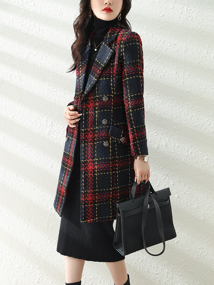 Women Long Casual Plaid Blazer Triple Breasted Jacket Elegant Ladies Red Blue Long Sleeve Female Vintage Coat