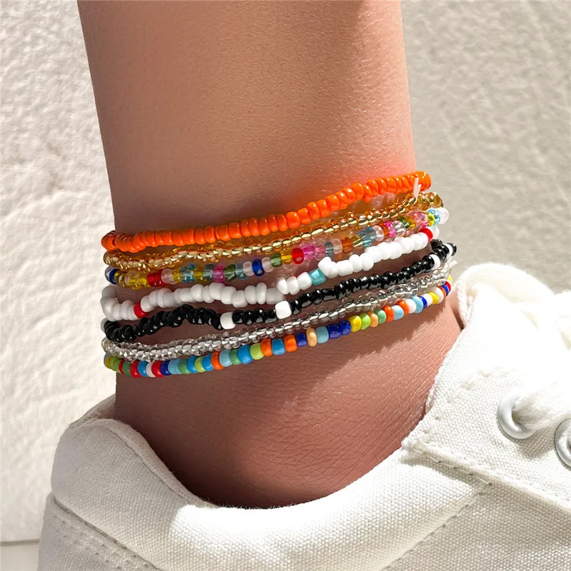 

KOTiK 7pcs/Set New Handmade Beaded Anklet Bracelets Rainbow Color Elastic Ankle Bracelet On The Leg Foot Beach Jewelry